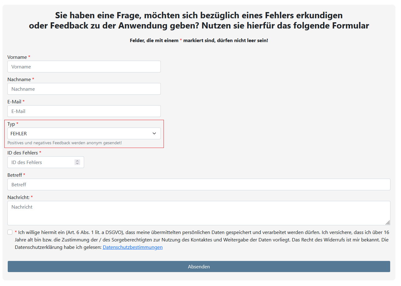 Wie stelle ich eine Frage, erkundige mich nach einem speziellen Fehler oder äußere Feedback zu der Anwendung?